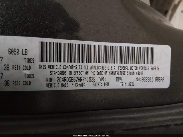 44788559 :رقم المزاد ، 2C4RDGBG7HR741939 vin ، 2017 Dodge Grand Caravan Se مزاد بيع