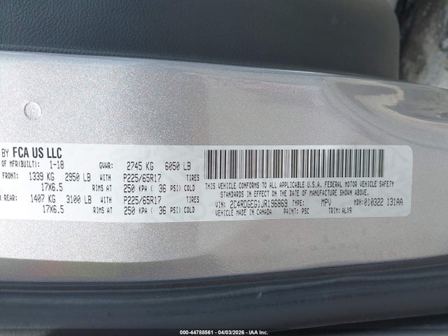 Aukcja sprzedaży 2018 Dodge Grand Caravan Gt, vin: 2C4RDGEG1JR196869, numer aukcji: 44788561