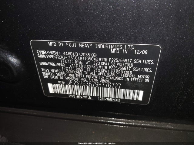 Продажа на аукционе авто 2009 Subaru Forester 2.5x, vin: JF2SH63679H776727, номер лота: 44788575