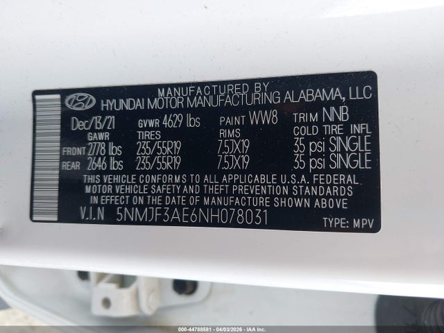 Aukcja sprzedaży 2022 Hyundai Tucson Sel, vin: 5NMJF3AE6NH078031, numer aukcji: 44788581