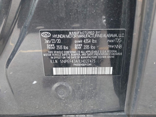 2020 Hyundai Sonata Sel მანქანა იყიდება აუქციონზე, vin: 5NPEF4JA1LH027475, აუქციონის ნომერი: 44788584