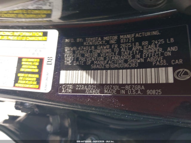 2021 Lexus Es 350 მანქანა იყიდება აუქციონზე, vin: 58ADZ1B16MU096383, აუქციონის ნომერი: 44788586