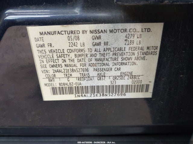 Продаж на аукціоні авто 2008 Nissan Altima 2.5 S, vin: 1N4AL21E38N527696, номер лоту: 44788596
