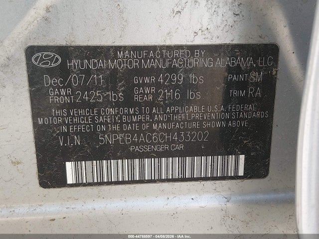 Продаж на аукціоні авто 2012 Hyundai Sonata Gls, vin: 5NPEB4AC6CH433202, номер лоту: 44788597