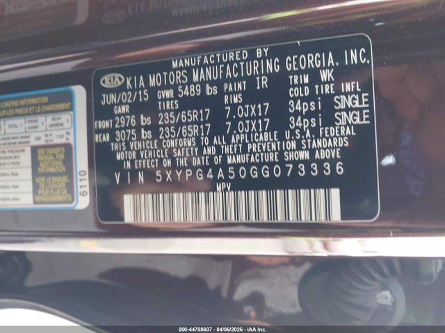 5XYPG4A50GG073336 KIA Sorento 3.3l Lx