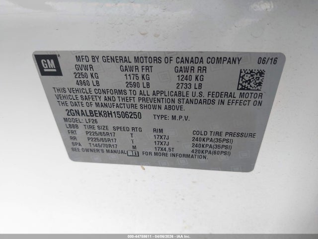 Продажа на аукционе авто 2017 Chevrolet Equinox Ls, vin: 2GNALBEK8H1506250, номер лота: 44788611