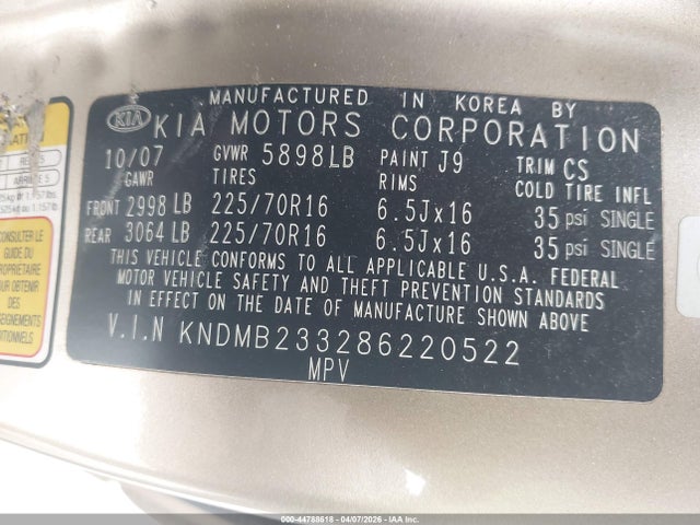 Продаж на аукціоні авто 2008 Kia Sedona Lx, vin: KNDMB233286220522, номер лоту: 44788618