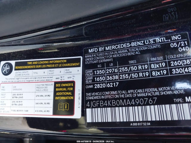 44788619 :رقم المزاد ، 4JGFB4KB0MA490767 vin ، 2021 Mercedes-benz Gle 350 4matic مزاد بيع