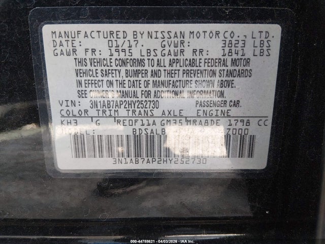 3N1AB7AP2HY252730 Nissan SENTRA S