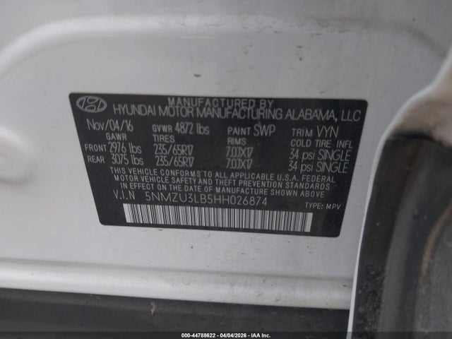 44788622 :رقم المزاد ، 5NMZU3LB5HH026874 vin ، 2017 Hyundai Santa Fe Sport 2.4l مزاد بيع