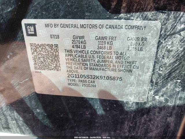 2019 Chevrolet Impala Premier მანქანა იყიდება აუქციონზე, vin: 2G1105S32K9105875, აუქციონის ნომერი: 44788639