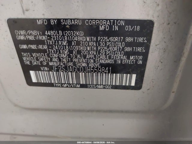 Aukcja sprzedaży 2018 Subaru Forester 2.5i Premium, vin: JF2SJAGC0JH559841, numer aukcji: 44788644