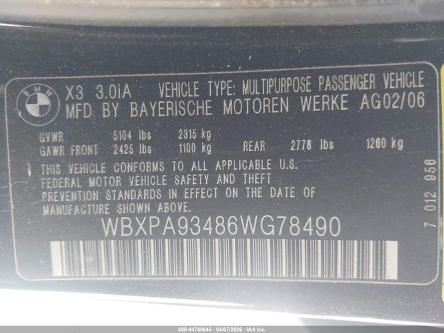 Продаж на аукціоні авто 2006 Bmw X3 3.0i, vin: WBXPA93486WG78490, номер лоту: 44788645