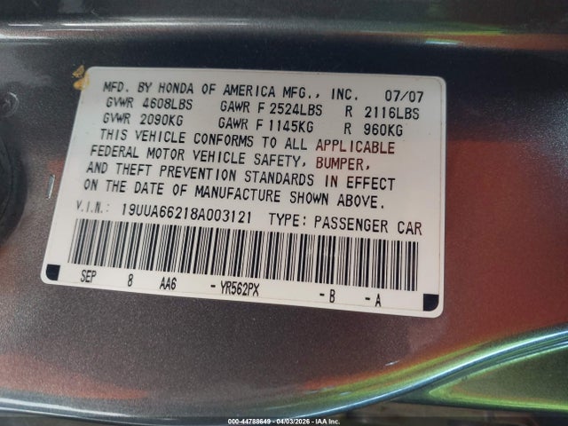 Aukcja sprzedaży 2008 Acura Tl 3.2, vin: 19UUA66218A003121, numer aukcji: 44788649