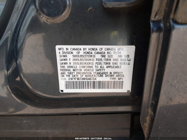 Aukcja sprzedaży 2004 Honda Pilot Ex-l, vin: 2HKYF18734H548754, numer aukcji: 44788678