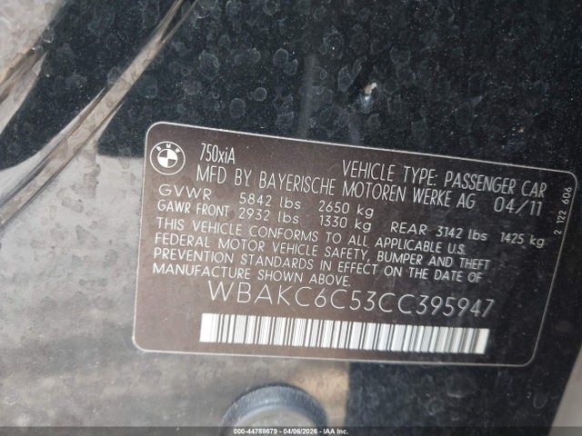 2012 Bmw 750i Xdrive მანქანა იყიდება აუქციონზე, vin: WBAKC6C53CC395947, აუქციონის ნომერი: 44788679