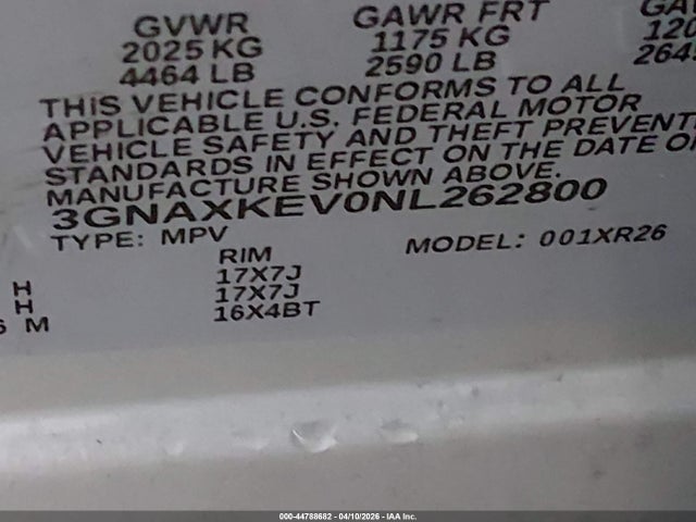 3GNAXKEV0NL262800 Chevrolet Equinox Fwd Lt
