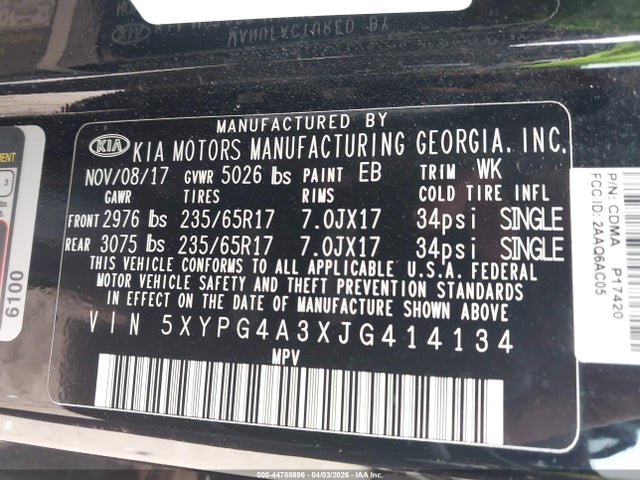 2018 Kia Sorento 2.4l L მანქანა იყიდება აუქციონზე, vin: 5XYPG4A3XJG414134, აუქციონის ნომერი: 44788696