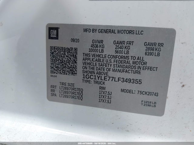 Aukcja sprzedaży 2020 Chevrolet Silverado 2500hd 4wd  Standard Bed Wt, vin: 1GC1YLE77LF349355, numer aukcji: 44788699