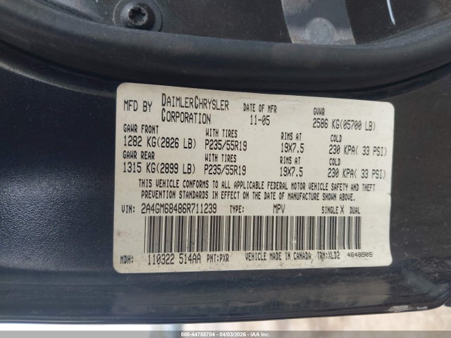 Aukcja sprzedaży 2006 Chrysler Pacifica Touring, vin: 2A4GM68486R711239, numer aukcji: 44788704