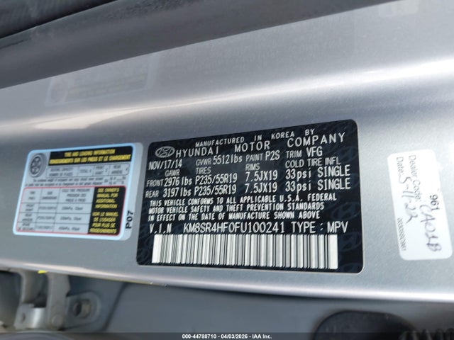 Hyundai Santa Fe Limited 2015 KM8SR4HF0FU100241 Image 9