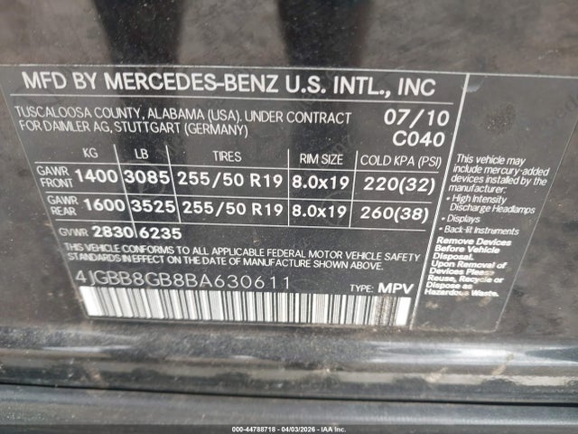Продаж на аукціоні авто 2011 Mercedes-benz Ml 350 4matic, vin: 4JGBB8GB8BA630611, номер лоту: 44788718