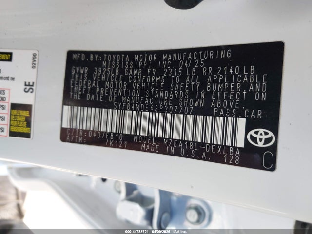 44788721 :رقم المزاد ، 5YFB4MDE4SP307707 vin ، 2025 Toyota Corolla Le مزاد بيع