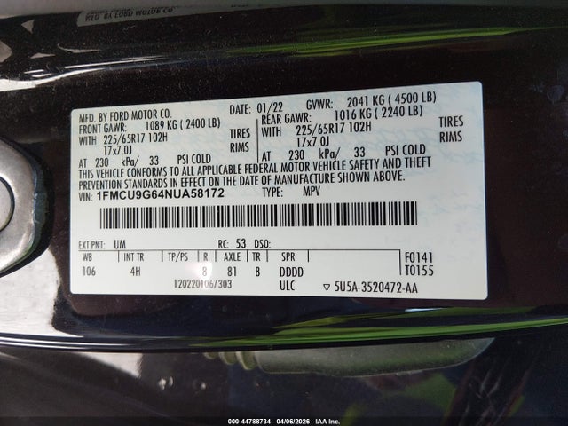 Aukcja sprzedaży 2022 Ford Escape Se, vin: 1FMCU9G64NUA58172, numer aukcji: 44788734