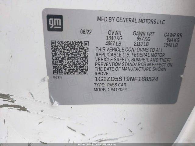 Продажа на аукционе авто 2022 Chevrolet Malibu Fwd Lt, vin: 1G1ZD5ST9NF168524, номер лота: 44788762