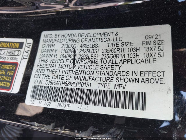 Aukcja sprzedaży 2021 Honda Cr-v 2wd Ex-l, vin: 5J6RW1H88ML010151, numer aukcji: 44788772
