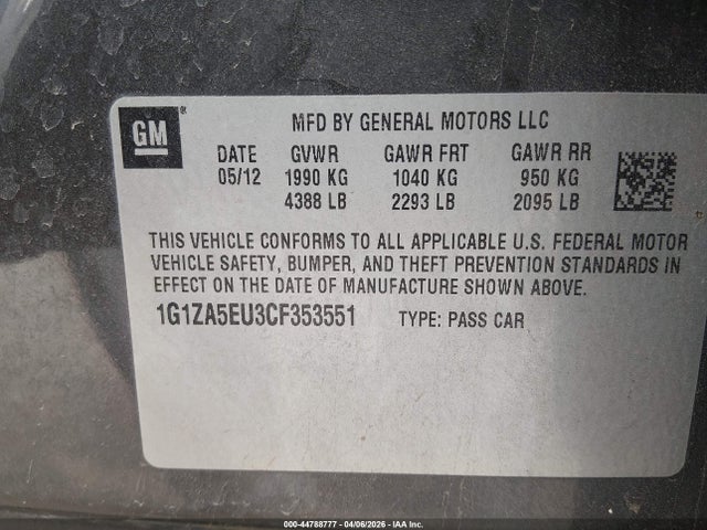 2012 Chevrolet Malibu Ls მანქანა იყიდება აუქციონზე, vin: 1G1ZA5EU3CF353551, აუქციონის ნომერი: 44788777