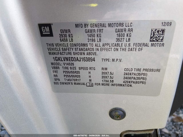 Продаж на аукціоні авто 2010 Gmc Acadia Slt-2, vin: 1GKLVNED3AJ163894, номер лоту: 44788792