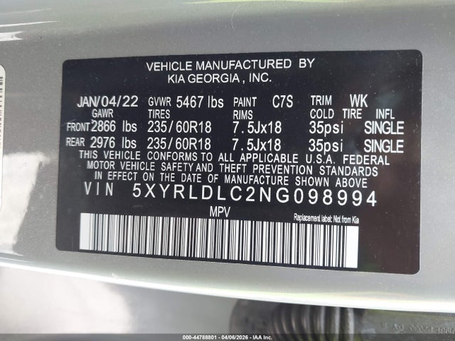 Продажа на аукционе авто 2022 Kia Sorento X-line S, vin: 5XYRLDLC2NG098994, номер лота: 44788801
