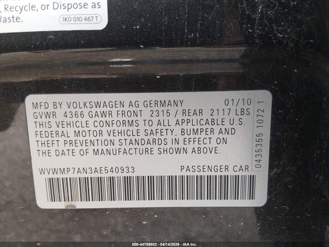 44788802 :رقم المزاد ، WVWMP7AN3AE540933 vin ، 2010 Volkswagen Cc Sport مزاد بيع