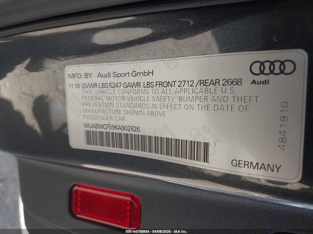 44788804 :رقم المزاد ، WUABWCF59KA902626 vin ، 2019 Audi Rs 5 2.9t مزاد بيع