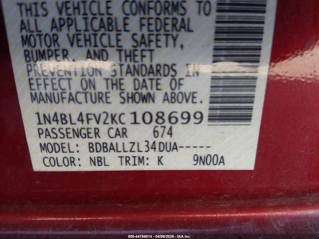 44788814 :رقم المزاد ، 1N4BL4FV2KC108699 vin ، 2019 Nissan Altima 2.5 Platinum مزاد بيع