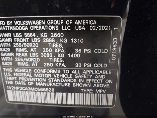 Продаж на аукціоні авто 2021 Volkswagen Atlas 2.0t Se W/technology, vin: 1V2HP2CA3MC566526, номер лоту: 44788815