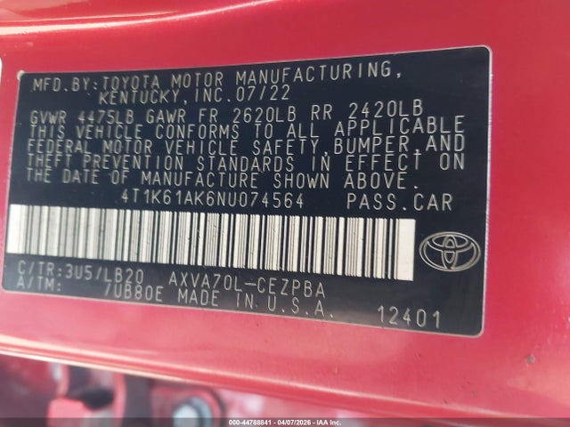 Продаж на аукціоні авто 2022 Toyota Camry Xse, vin: 4T1K61AK6NU074564, номер лоту: 44788841