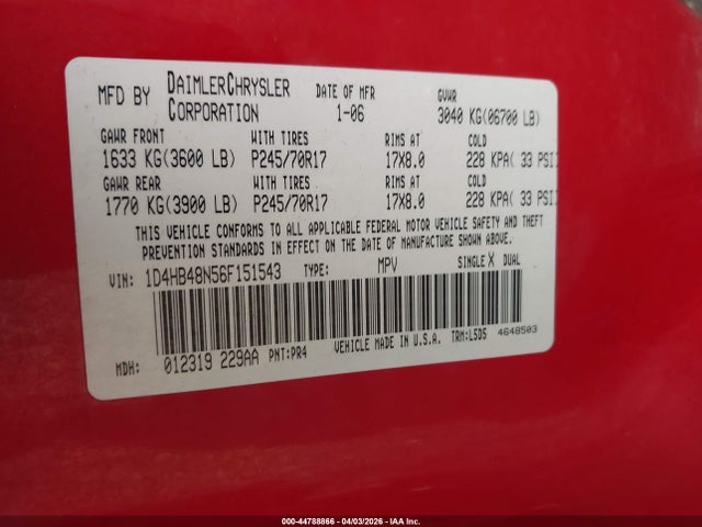 Aukcja sprzedaży 2006 Dodge Durango Slt, vin: 1D4HB48N56F151543, numer aukcji: 44788866