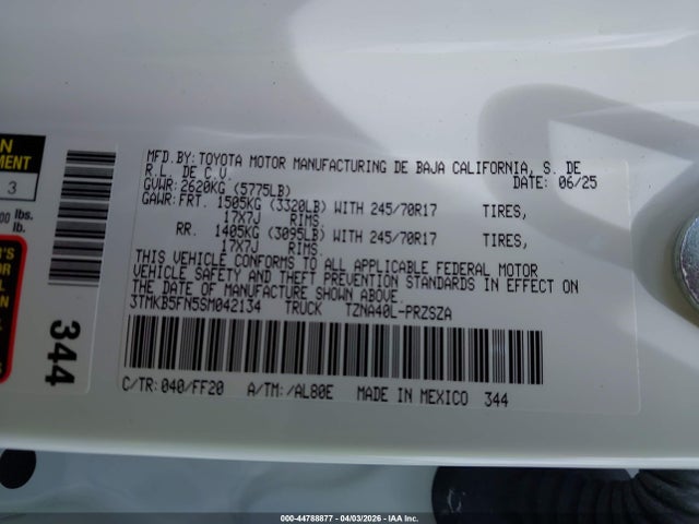 2025 Toyota Tacoma Sr5 მანქანა იყიდება აუქციონზე, vin: 3TMKB5FN5SM042134, აუქციონის ნომერი: 44788877