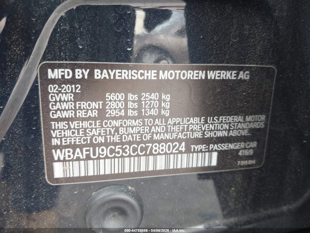 Продаж на аукціоні авто 2012 Bmw 550i Xdrive, vin: WBAFU9C53CC788024, номер лоту: 44788886