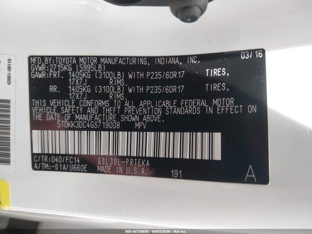 5TDKK3DC4GS719008 Toyota Sienna Le 8 Passenger