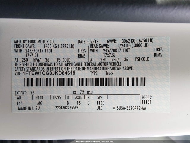 1FTEW1CG8JKD84618 Ford F-150 Xlt