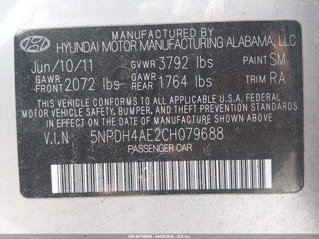 Продаж на аукціоні авто 2012 Hyundai Elantra Gls, vin: 5NPDH4AE2CH079688, номер лоту: 44788899