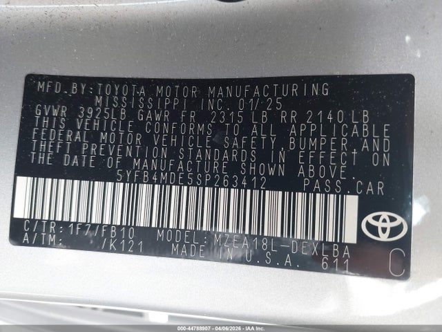 Продажа на аукционе авто 2025 Toyota Corolla Le, vin: 5YFB4MDE5SP263412, номер лота: 44788907