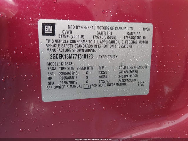 2007 Chevrolet Silverado 1500 Lt1 მანქანა იყიდება აუქციონზე, vin: 2GCEK13M771510123, აუქციონის ნომერი: 44788910