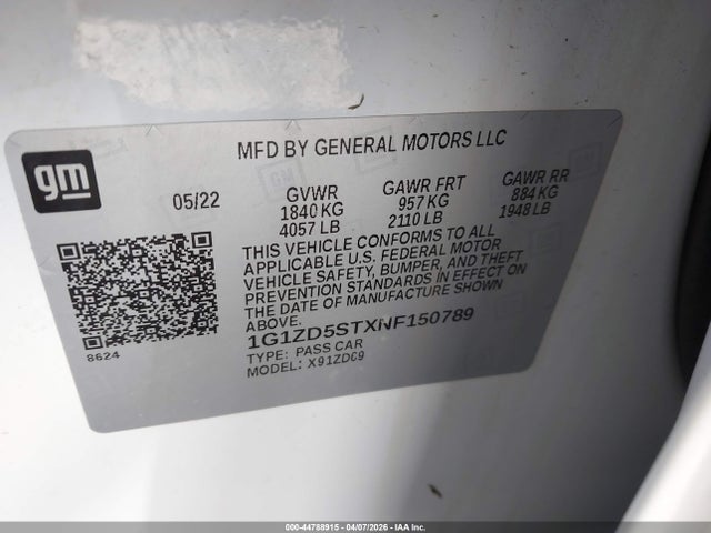 Продаж на аукціоні авто 2022 Chevrolet Malibu Fwd Lt, vin: 1G1ZD5STXNF150789, номер лоту: 44788915
