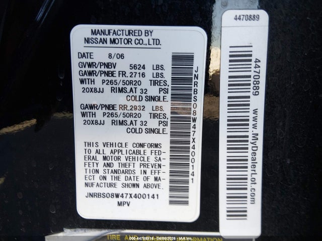 44788916 :رقم المزاد ، JNRBS08W47X400141 vin ، 2007 Infiniti Fx45 مزاد بيع