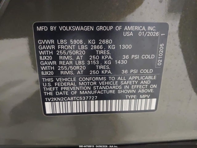 Продаж на аукціоні авто 2026 Volkswagen Atlas Se With Technology, vin: 1V2KN2CA8TC537727, номер лоту: 44788919