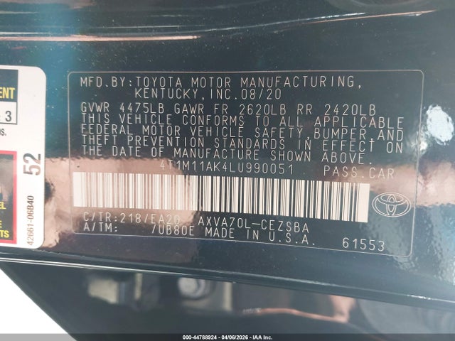 Aukcja sprzedaży 2020 Toyota Camry Se, vin: 4T1M11AK4LU990051, numer aukcji: 44788924